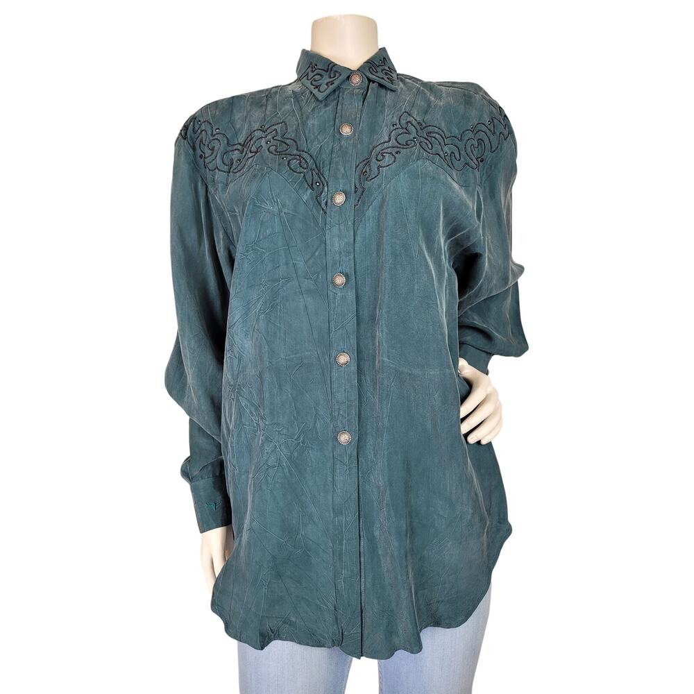 Vintage Rodeo Queen Emerald Green Silky Button-up Blouse with Embroidery Sz M